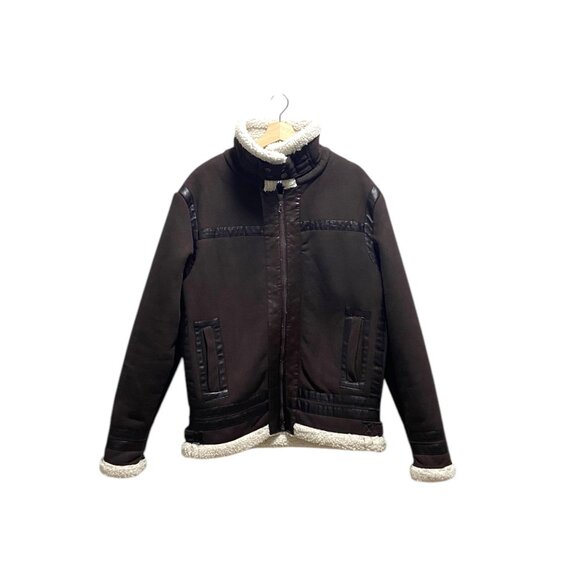 Han Ton Mens High Neck Faux Shearling Bomber Jacket Brown Size L Minimalist Warm - Picture 2 of 13